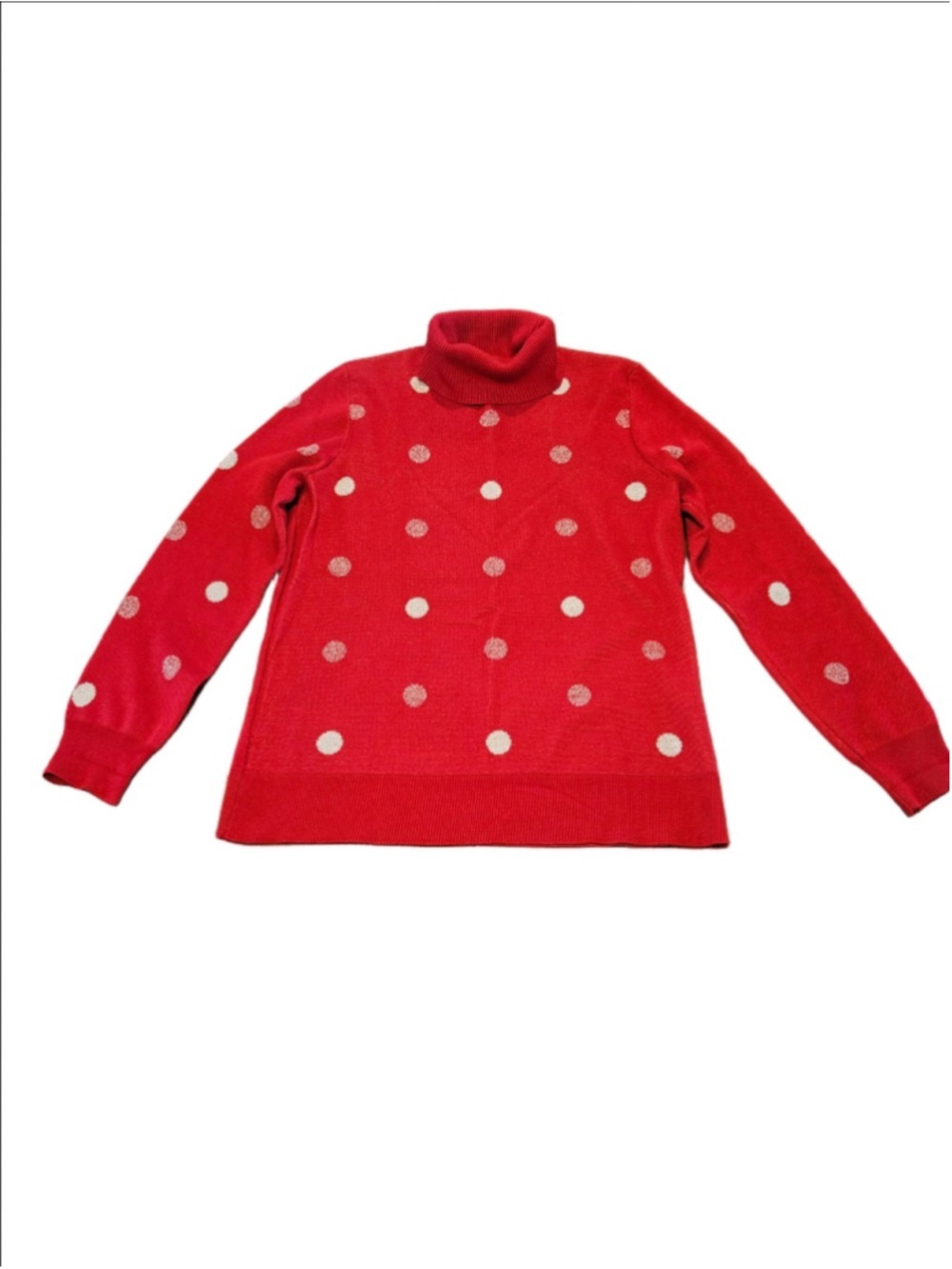 Women's Retrology Turtleneck Sweater Large Red White Silver Polka Dots